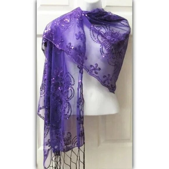 Purple Sequin Shawl Wrap Sparkle Fringed Scarf Wedding Bridal Formal Evening - Picture 2 of 3